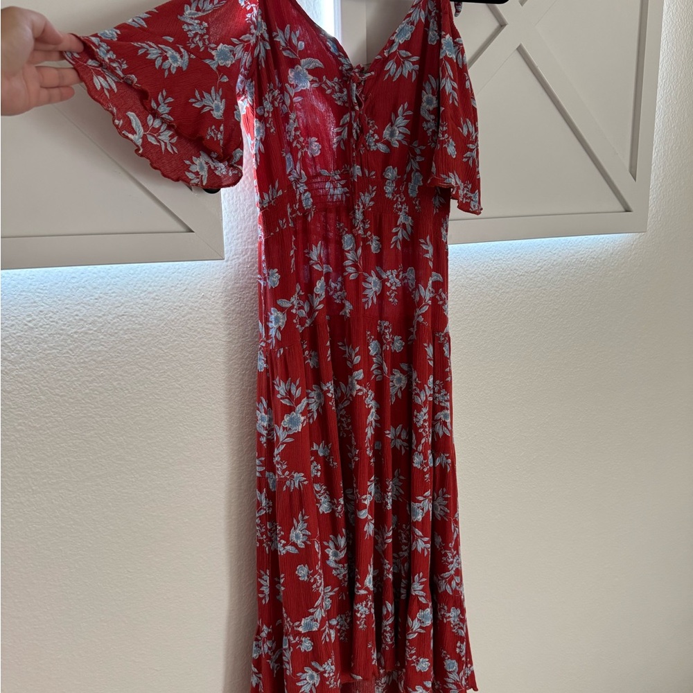 Red Ruffled Wrap Maxi Dress with Flutter Sleeves